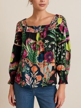 Anthropologie x Lil Sire Japanese Art Floral Blouse in Black